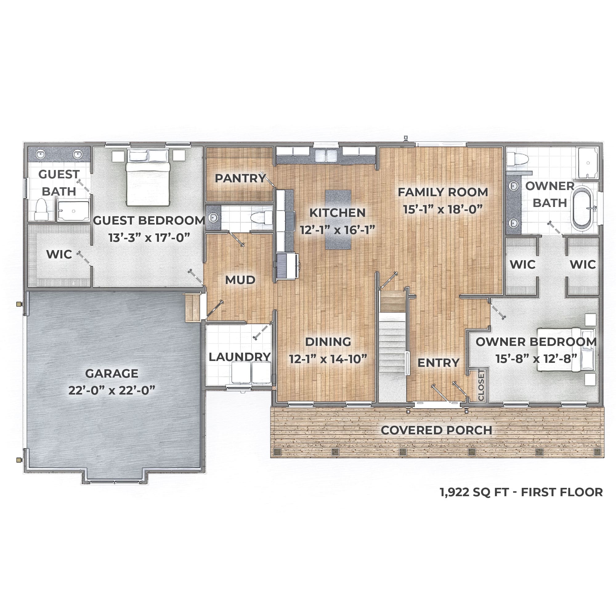 First floor rendering of the Newbury that is 1922 square feet.