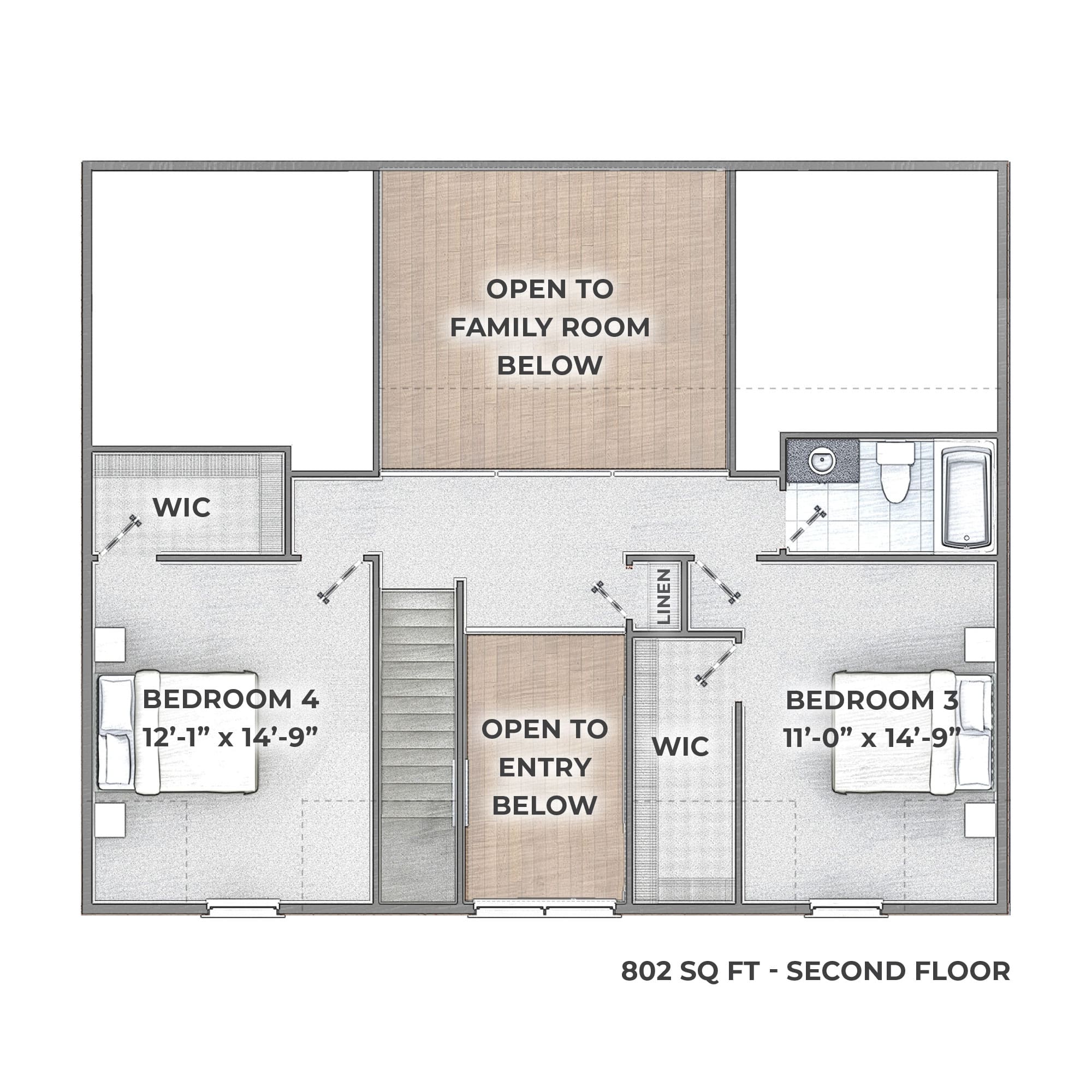 Second floor rendering of the Newbury that is 802 square feet.